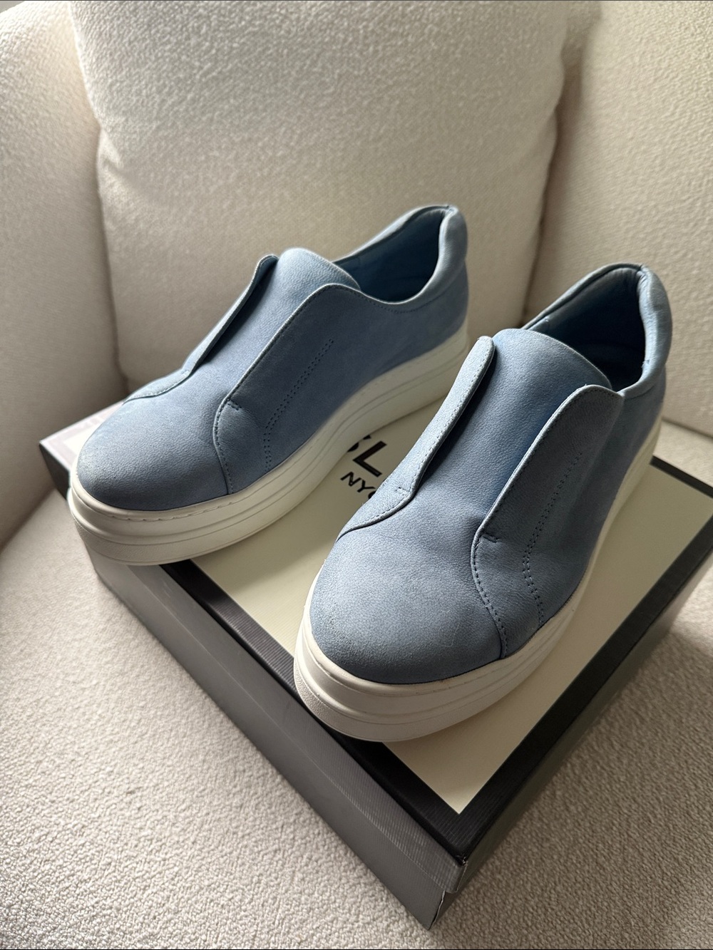 J Slides Women's Slip-On Platform Sneakers in Dusty Blue and White